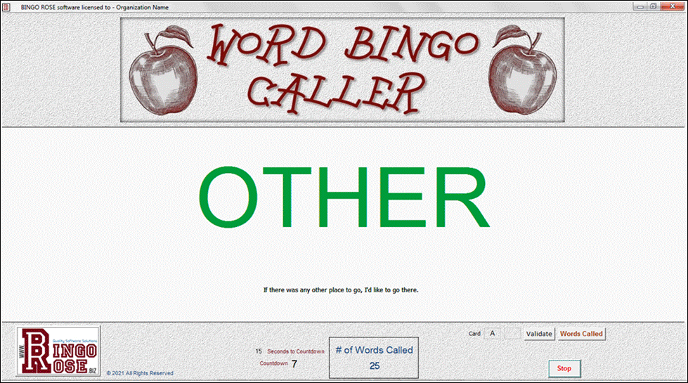 Word Bingo Caller main screen